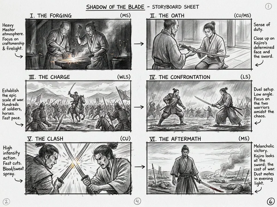 Movie-feel six-frame pencil storyboard sketch