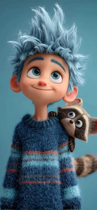 Pixar-style blue-haired boy with a cute pet on his shoulder
