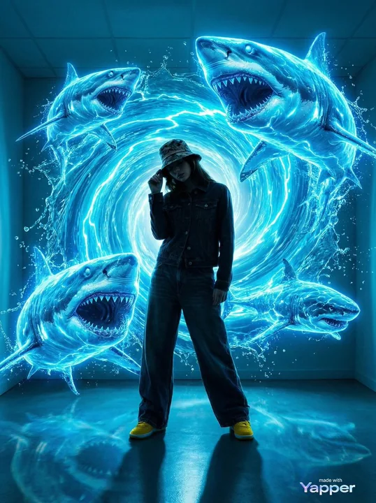 Les fashionistas de rue invoquent un géant requin énergétique d'un bleu profond.