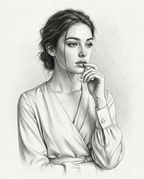 Portrait de moitié d'une femme méditative en crayon de graphite hyper réaliste