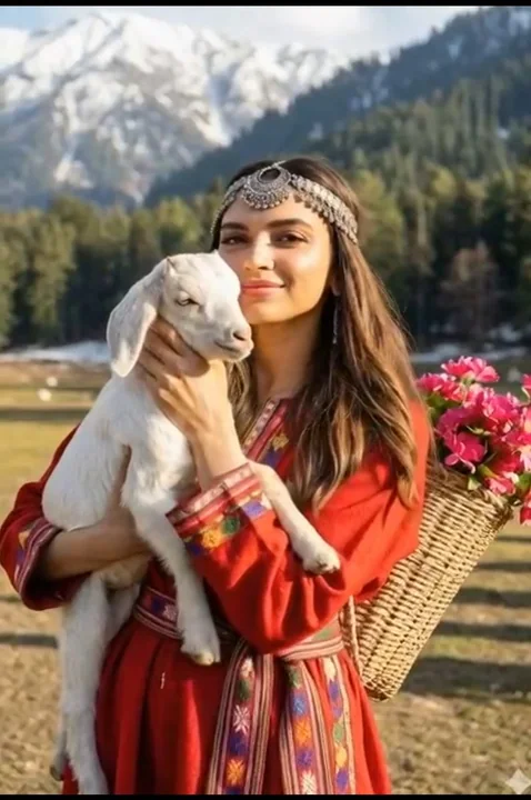 Kashmiri girl hugging a white goat under the Himalayan sunset