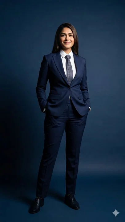 Femme exécutif en costume bleu marine, photo d'ensemble au style cinématographique
