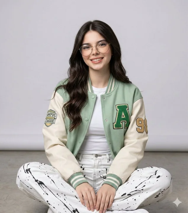 爽やかなグレーテイストのスタジオで、グリーンとホワイトのジャケットを着た女の子