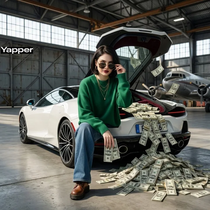 Supercar de hangar de cinéma et une femme riche imposante