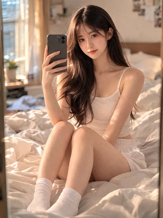 Selfie d'une jeune fille dans une chambre douillette