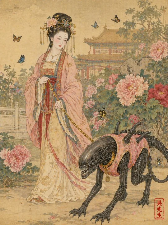 Tang Dynasty noblewoman with a pink vest riding an unusual-shaped ink wash painting