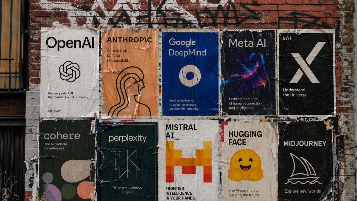 Matrice de posters d'IA sur les murs en briques de San Francisco