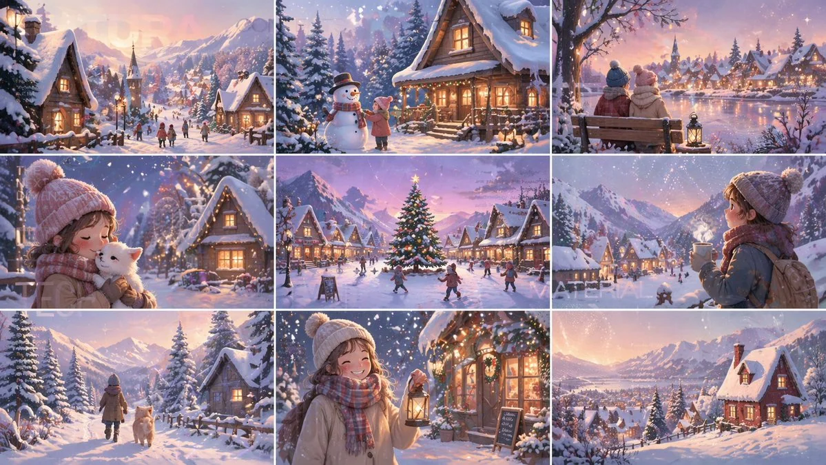 Collection d'illustrations d'un petit village douillet en hiver