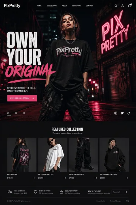 Conception de site web pour marques de mode de rue dans une ambiance de nuit illuminée par des néons