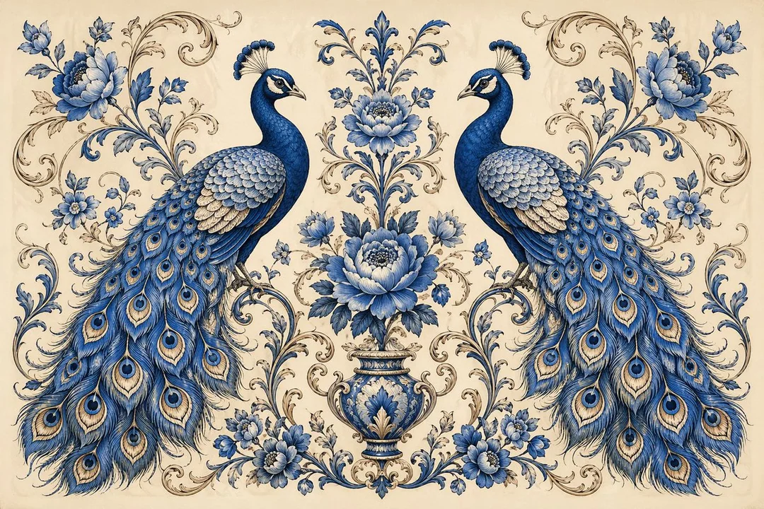Décor floral symétrique de paon bleu élégant