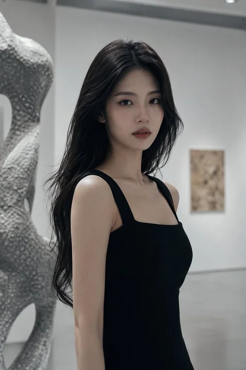 冷艳な黒いドレスの女性が芸術展を凝視する