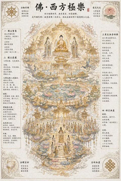 Pure Land of Ultimate Bliss, where beings are born from lotus flowers in the Seven-Jewel Pond