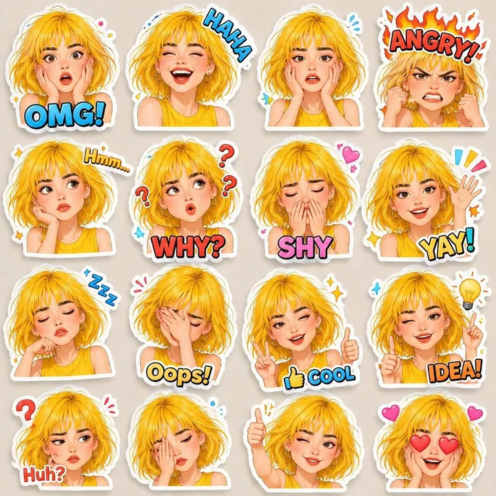 3D Collecion de autocollants d'expressions de jeune fille animée
