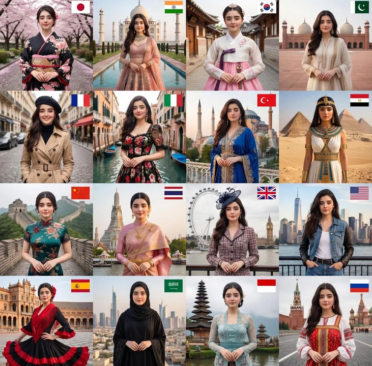 Collage de beauté féminine vêtue des vêtements des seize pays