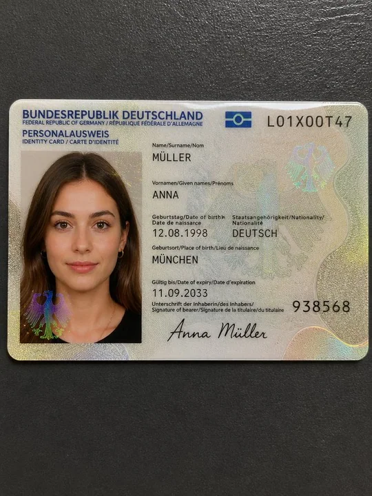 Close-up of a blonde woman's German ID card