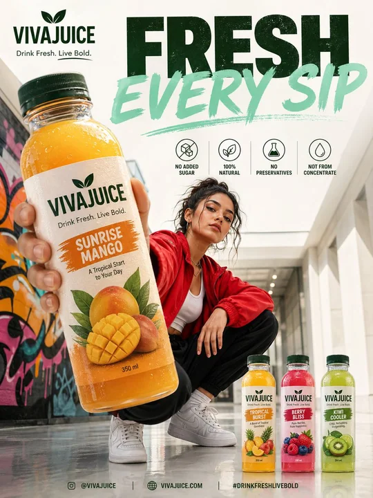 Affiche publicitaire pour jus de fruits de jeune femme mode rue