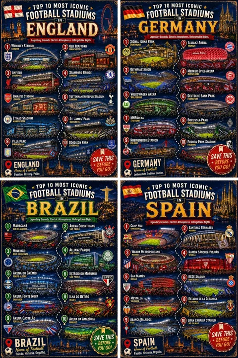 世界のトップ10の伝説的フットボールスタジアムの夜景ポスター