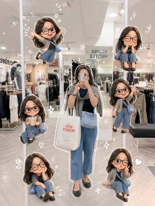 Autoportrait devant le miroir d'une boutique de vêtements pour jeunes filles avec une version Q de soi-même