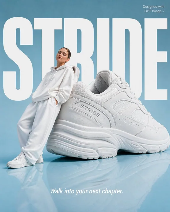 Affiche de mode haut de gamme mettant en scène une mannequin et des chaussures géantes
