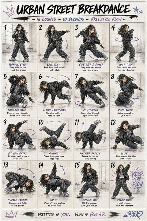 Colored pencil style street dance move tutorial illustration