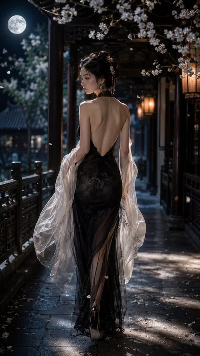 Elegant woman in a classical corridor under moonlight