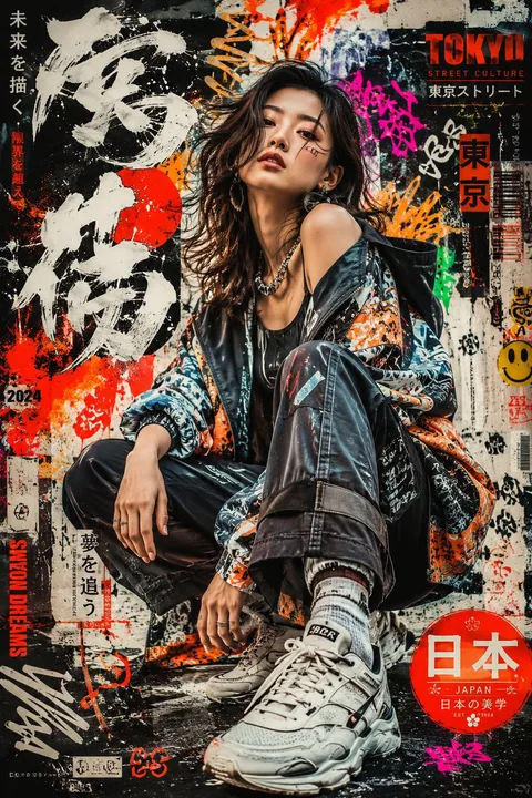 日系グラフィティファッション人物ポスター