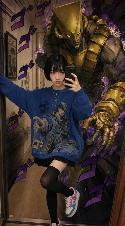 少女と「世界」のアニメ風セルフィー