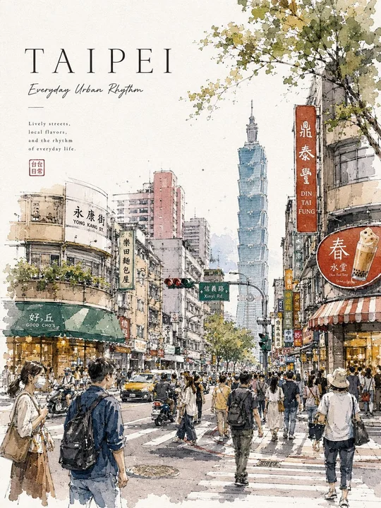 Affiche de voyage illustrée à la main, style aquarelle esthétique, représentant une rue urbaine
