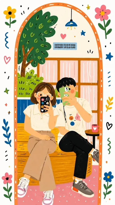 Cute Korean-style couple mirror selfie illustration