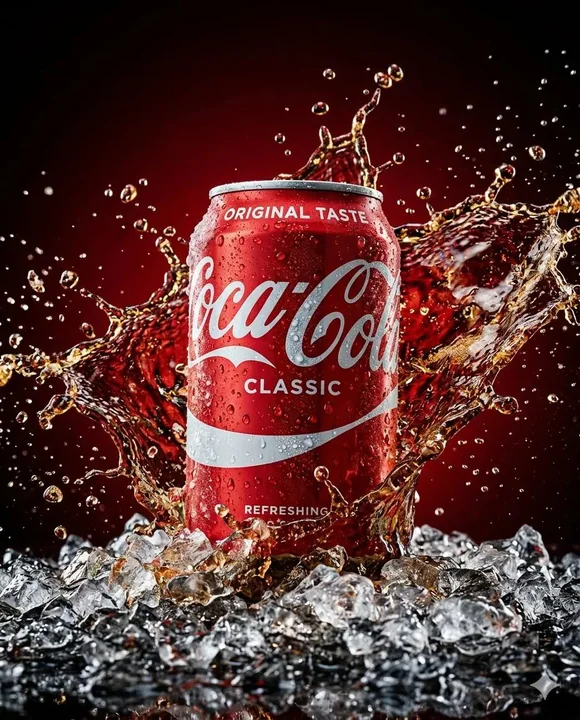 氷で冷やしたコカ・コーラの缶に水滴が飛び散るビジュアル