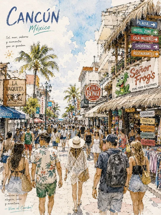 Tropical sunlit street watercolor hand-painted travel poster