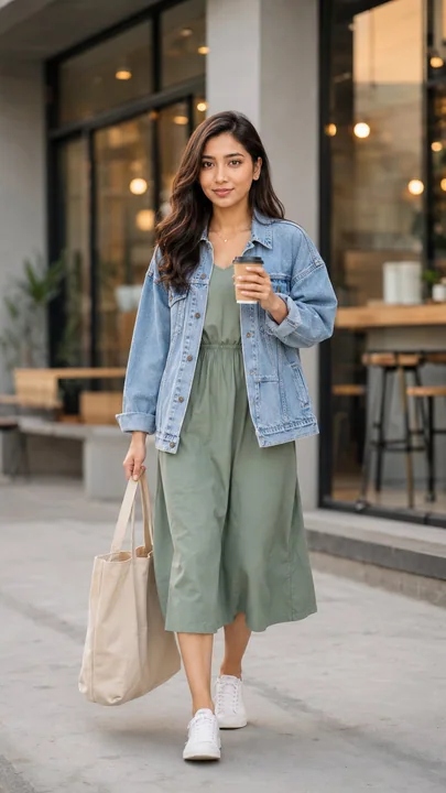 Minimalist fashionable East Asian female portrait on a café street