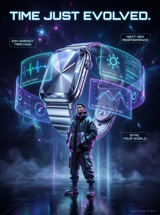 Illustration publicitaire de montre connectée futuriste à l’esthétique technologique