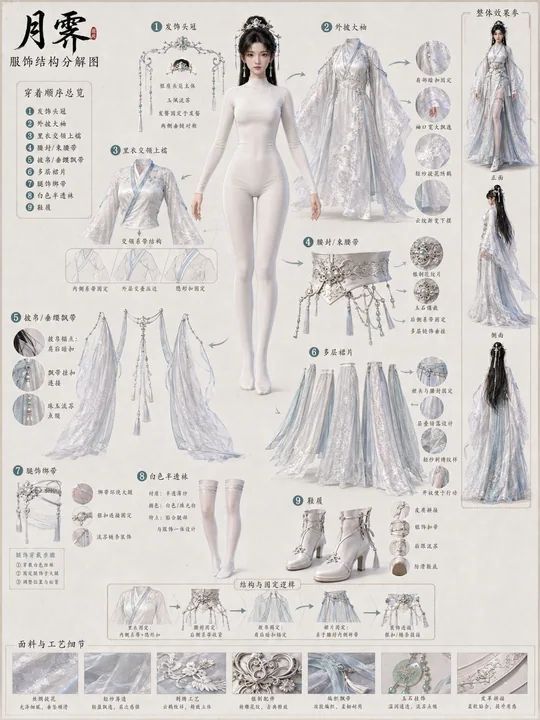 古风3D女性角色服饰拆解设定图
