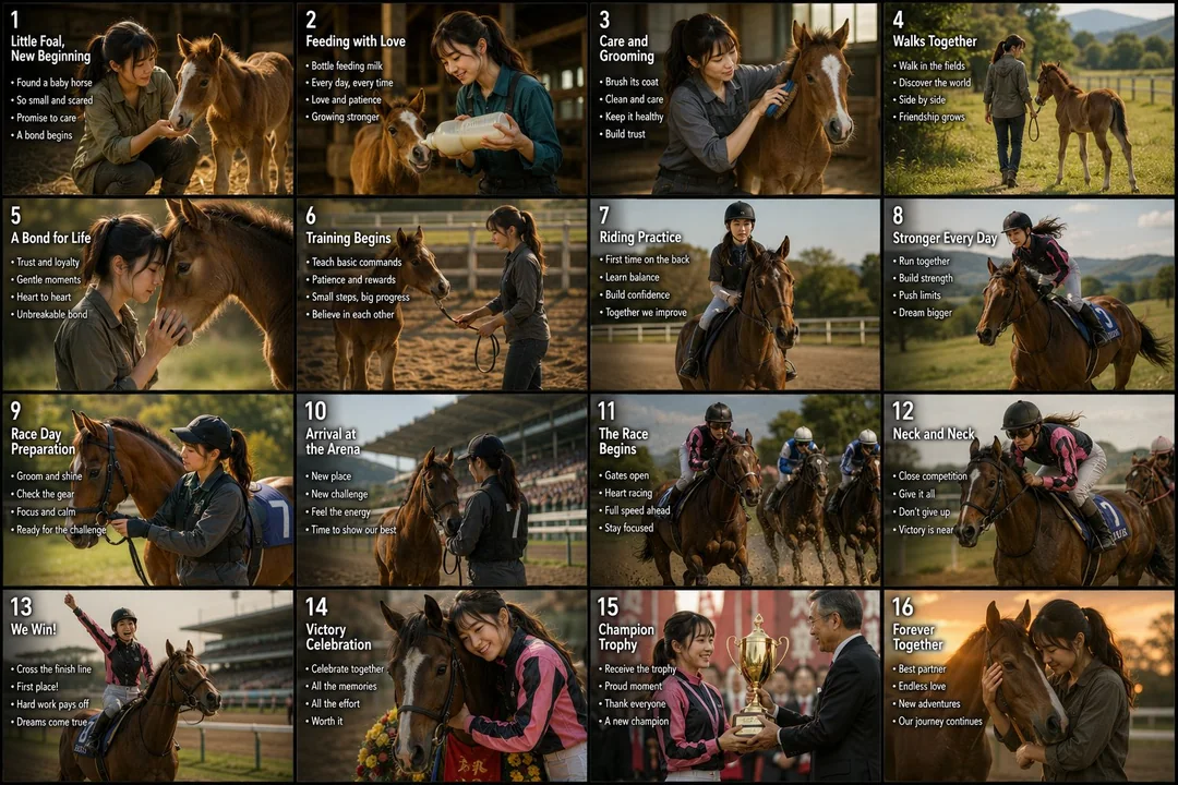 Storyboard du film sur l’histoire de la croissance d’une jeune fille et des courses de chevaux