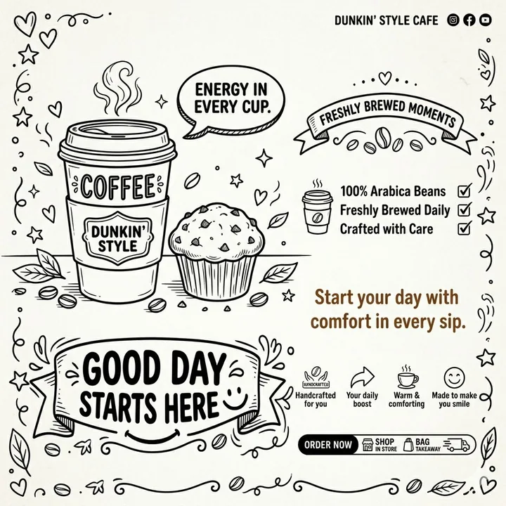 Coffee shop black-and-white hand-drawn line style advertising poster