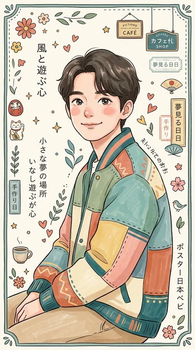 Healing Japanese picture-book-style folk art illustration