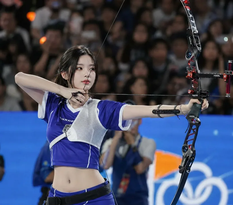 Indoor arena East Asian beautiful female archer realistic sports photography