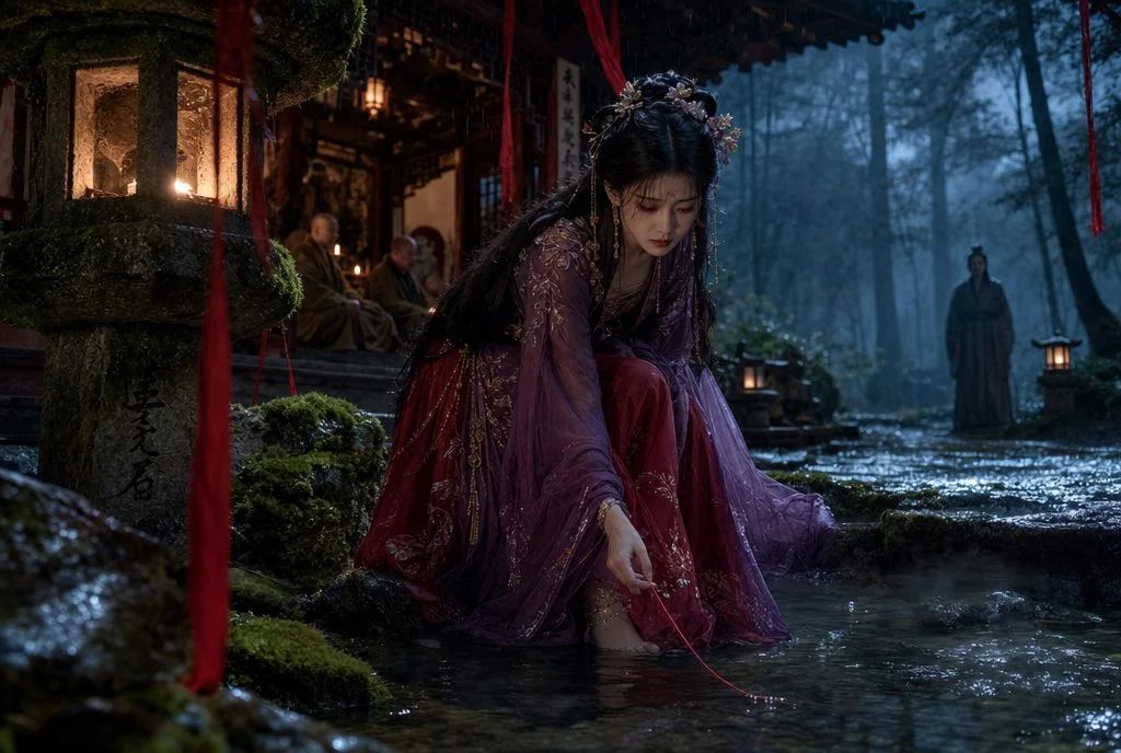 At the stream beside an ancient temple shrouded in mist, a Hanfu-clad girl holds a red thread late at night.