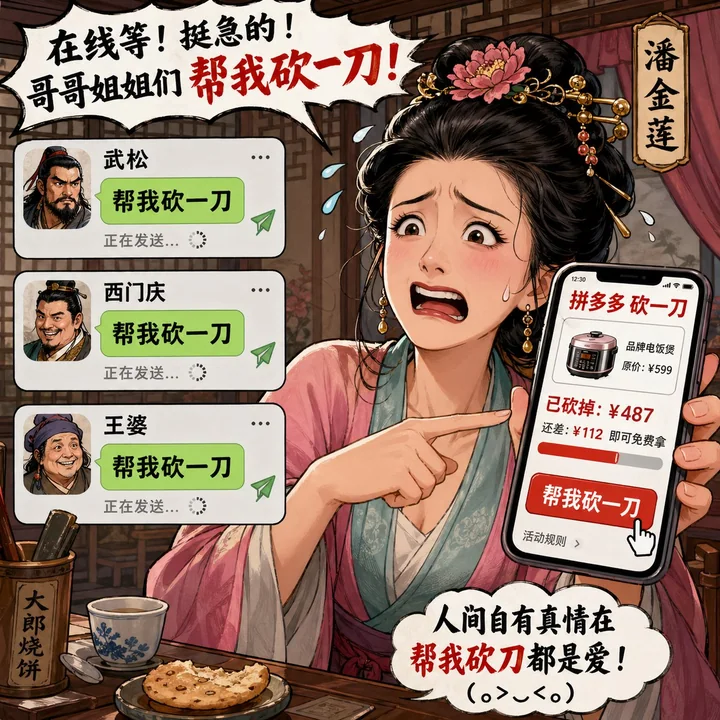Pan Jinlian envoie en masse des messages « aide-moi à couper sur Pinduoduo » à Wu Song et Ximen Qing.