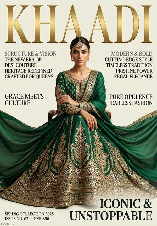 High-end South Asian fashion magazine cover, emerald green embroidered gown