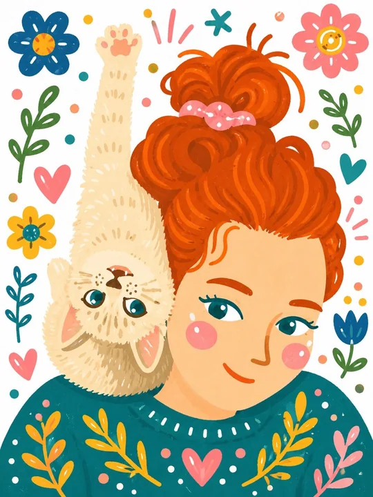 斯堪的纳维亚风格的红发女孩与倒挂小猫的绘本插画
