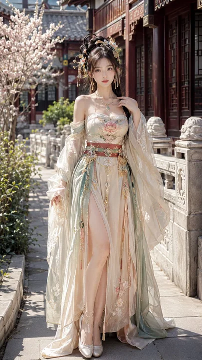 18歳の中国人美人インフルエンサー、唐風の肩出しスリット入り漢服