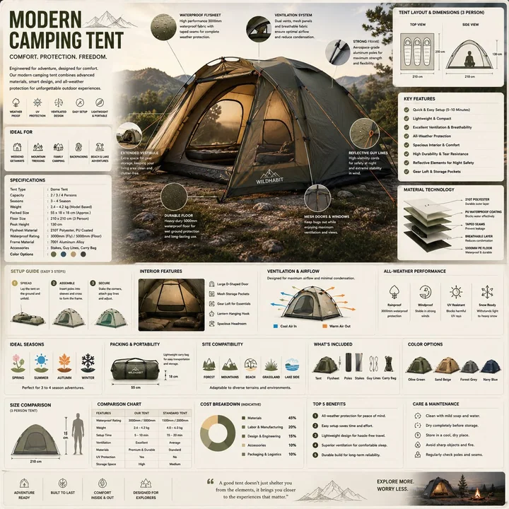 Infographie de référence encyclopédique sur les tentes de camping modernes haut de gamme