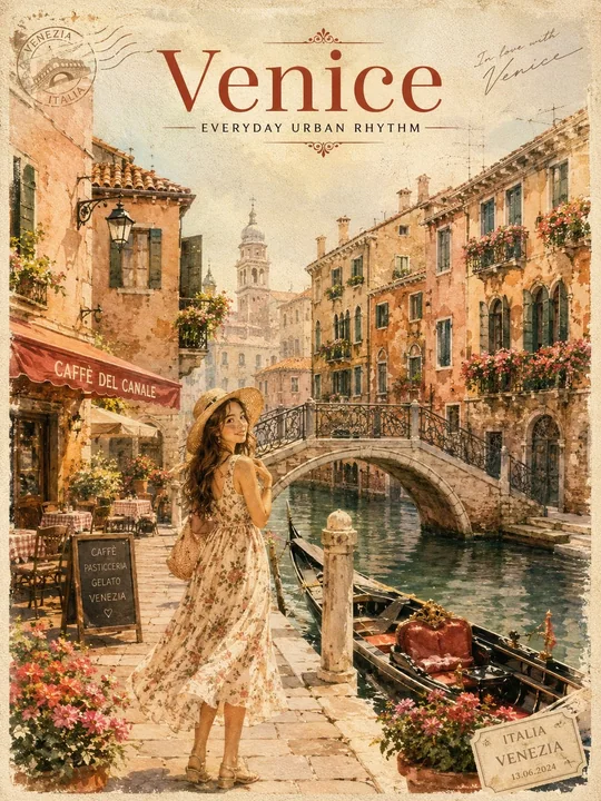 Venice Water Town Retro Travel Poster Romantic Watercolor Style