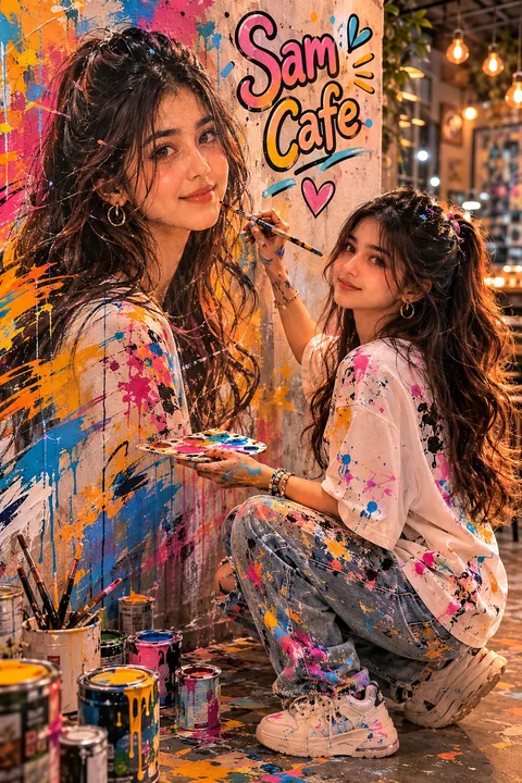 カフェの手描き壁画の少女、超写実的で映画のようなポートレート