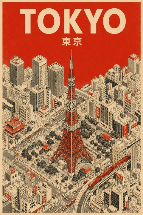 Affiche de voyage urbaine minimaliste du milieu du siècle en perspective isométrique