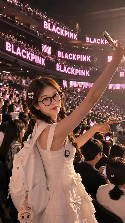 KPOPコンサート現場のiPhoneでセルフィーを撮る感動的な雰囲気のポートレート