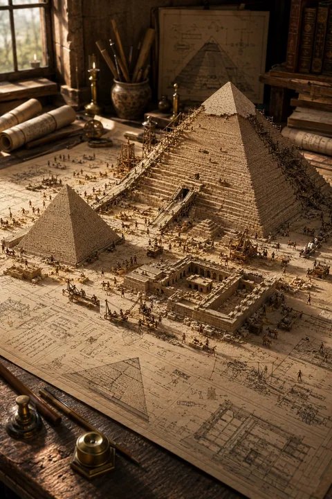 建築の青写真の上にある古代文明の建造物のミニチュア風景