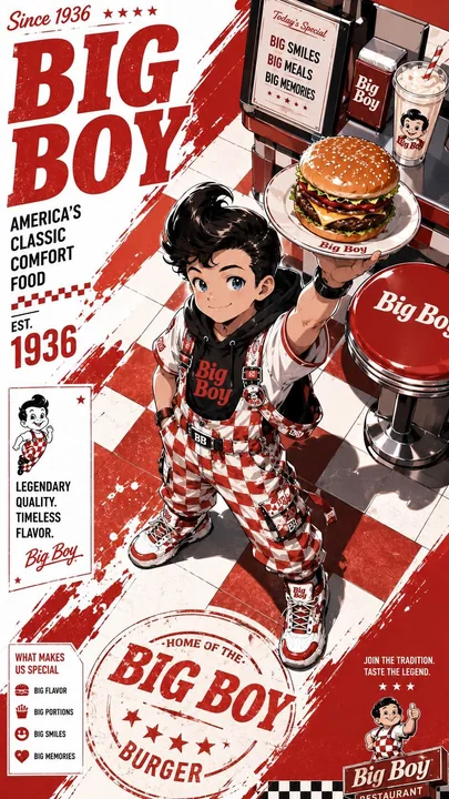Affiche de mascotte de marque tendance de restauration rapide, style anime japonais dynamique